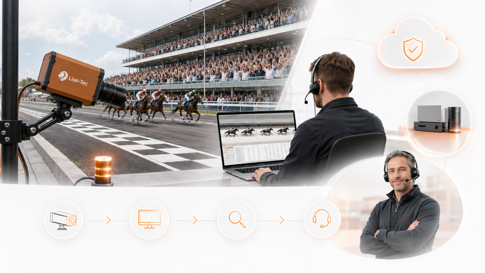 Lion-Tec race-day workflow with camera, operator software, backup, and support