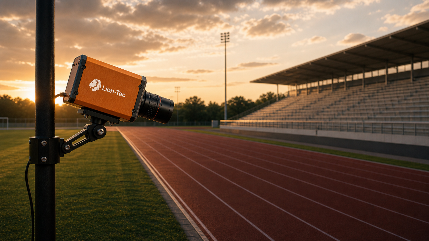 Dark orange Lion-Tec PhotoFinish Camera mounted beside an athletics track